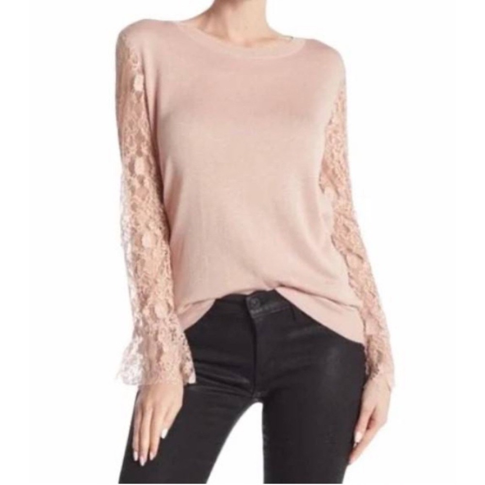 14th & Union Womens Lace Sleeve Crew Neck Sweater Top - Pink Adobe - Size M‎